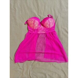 Victoria Secret 32D Sheer Lingerie Babydoll Purple Mesh Underwire Push Up Lace